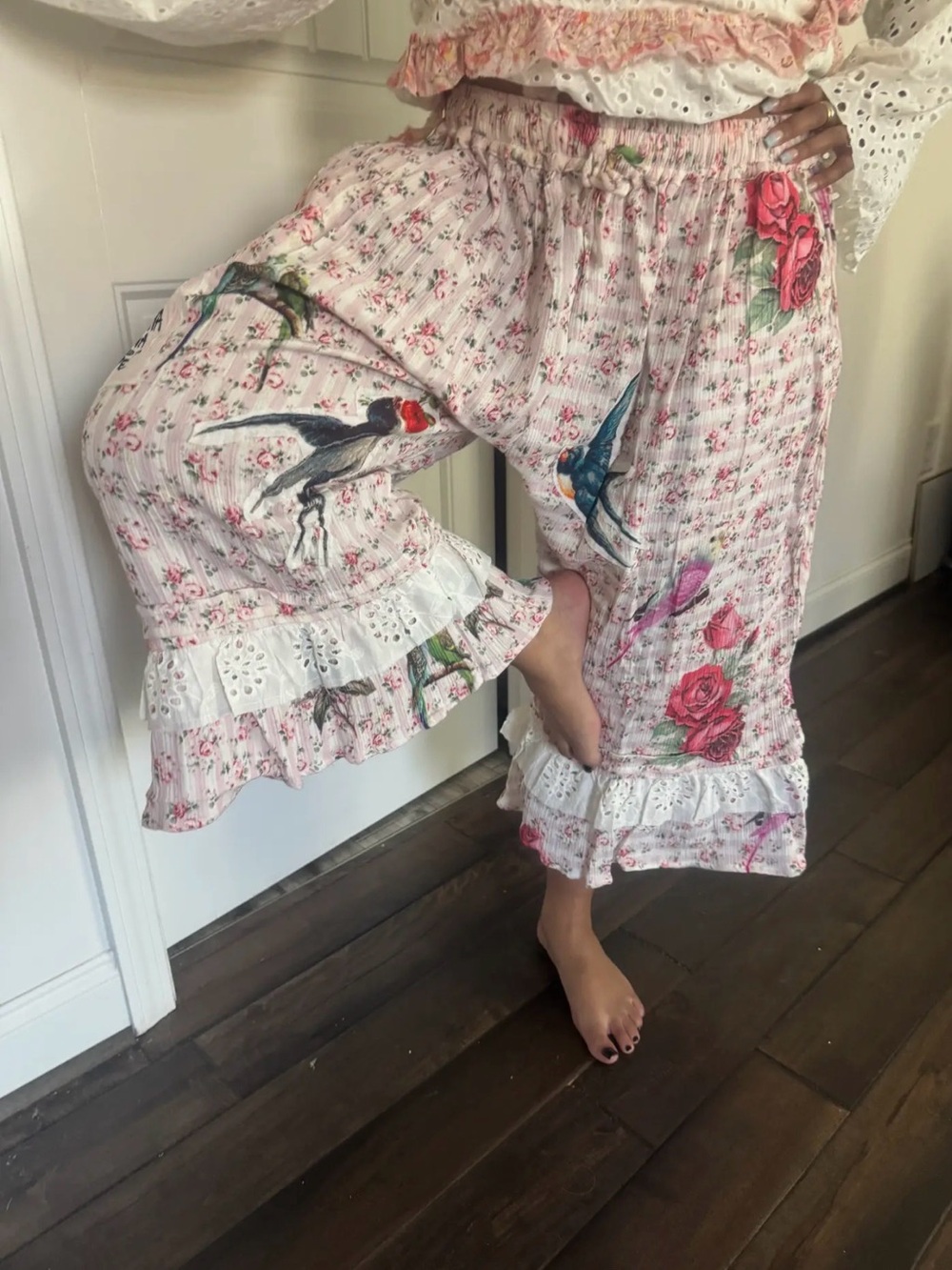 Floral & Bird Wide-Leg Ruffle Pants in Pink